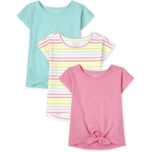 imageThe Childrens Place Baby Girls and Toddler Short Sleeve Flutter Knit ShirtsPinkStripeBlue Hilo 3pack