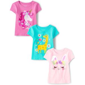 imageThe Childrens Place Baby and Toddler Girls Animal Short Sleeve Graphic TShirts MultipackBunnyUnicornGiraffe 3pack