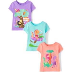 imageThe Childrens Place Baby and Toddler Girls Animal Short Sleeve Graphic TShirts MultipackDinosDinos TreehouseDino Canoe 3pack