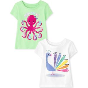 imageThe Childrens Place Baby and Toddler Girls School Days Short Sleeve Graphic TShirts MultipackCounting OctopusPeacock Colors 2pack