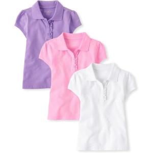 imageThe Childrens Place Girls Short Sleeve Ruffle Pique Polo MultipackWhiteSparkle PinkPurple 3pack