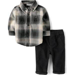 imageThe Childrens PlaceBaby BoysAnd Newborn Long Sleeve Dress Shirt and Pants 2piece SetBlack Plaid Set0 Months3 Months