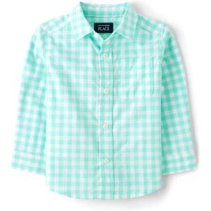 imageThe Childrens Place Baby Boys and Toddler Poplin Long Sleeve Button Down ShirtAqua Gingham
