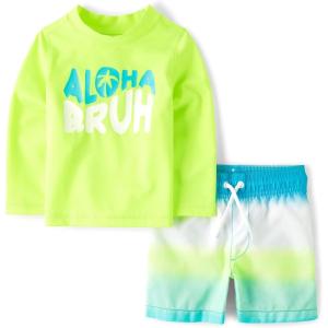 imageThe Childrens Place Boys and Toddler Long Sleeve Rashguard and Swim Trunk 2 Piece SetAloha Bruh