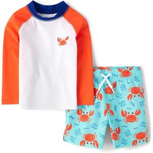 imageThe Childrens Place Boys and Toddler Long Sleeve Rashguard and Swim Trunk 2 Piece SetCrab Set