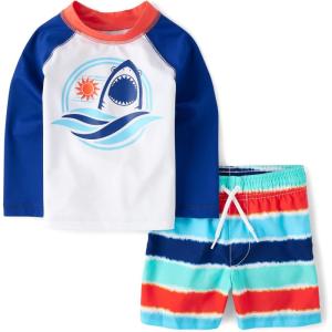 imageThe Childrens Place Boys and Toddler Long Sleeve Rashguard and Swim Trunk 2 Piece SetNavy Narrows