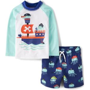 imageThe Childrens Place Boys and Toddler Long Sleeve Rashguard and Swim Trunk 2 Piece SetPirate Octopus