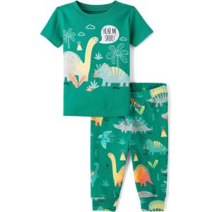 imageThe Childrens Place And Toddler Snug Fit 100 Cotton Short Sleeve Top and Pants 2 Piece Pajama SetDinos Green
