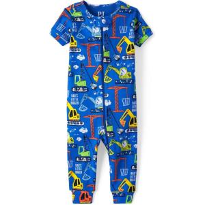 imageThe Childrens Place Baby Boys Short Sleeve 100 Cotton ZipFront One Piece Footless PajamasConstruction Vehicles