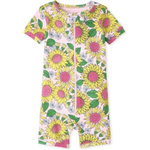 imageThe Childrens Place Baby Girls and Toddler Short Sleeve ZipFront One Piece Footless Pajama Snug Fit 100 CottonSunflowers
