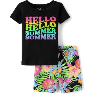 imageThe Childrens Place Baby Toddler Girl Sleeve Top and Shorts Snug Fit 100 Cotton 2 Piece Pajama SetHello Summer Vibes