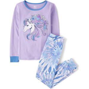 imageThe Childrens Place Girls 100 Cotton Long Sleeve Top and Pants 2 Piece Pajama SetTie Dye Horse