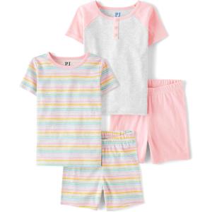 imageThe Childrens Place Girls 100 Cotton Sleeve Top and Shorts 2 Piece Pajama SetPink RoseGrey 2pack