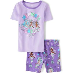 imageThe Childrens Place Girls 100 Cotton Sleeve Top and Shorts2 Piece Pajama SetMermaid Crew