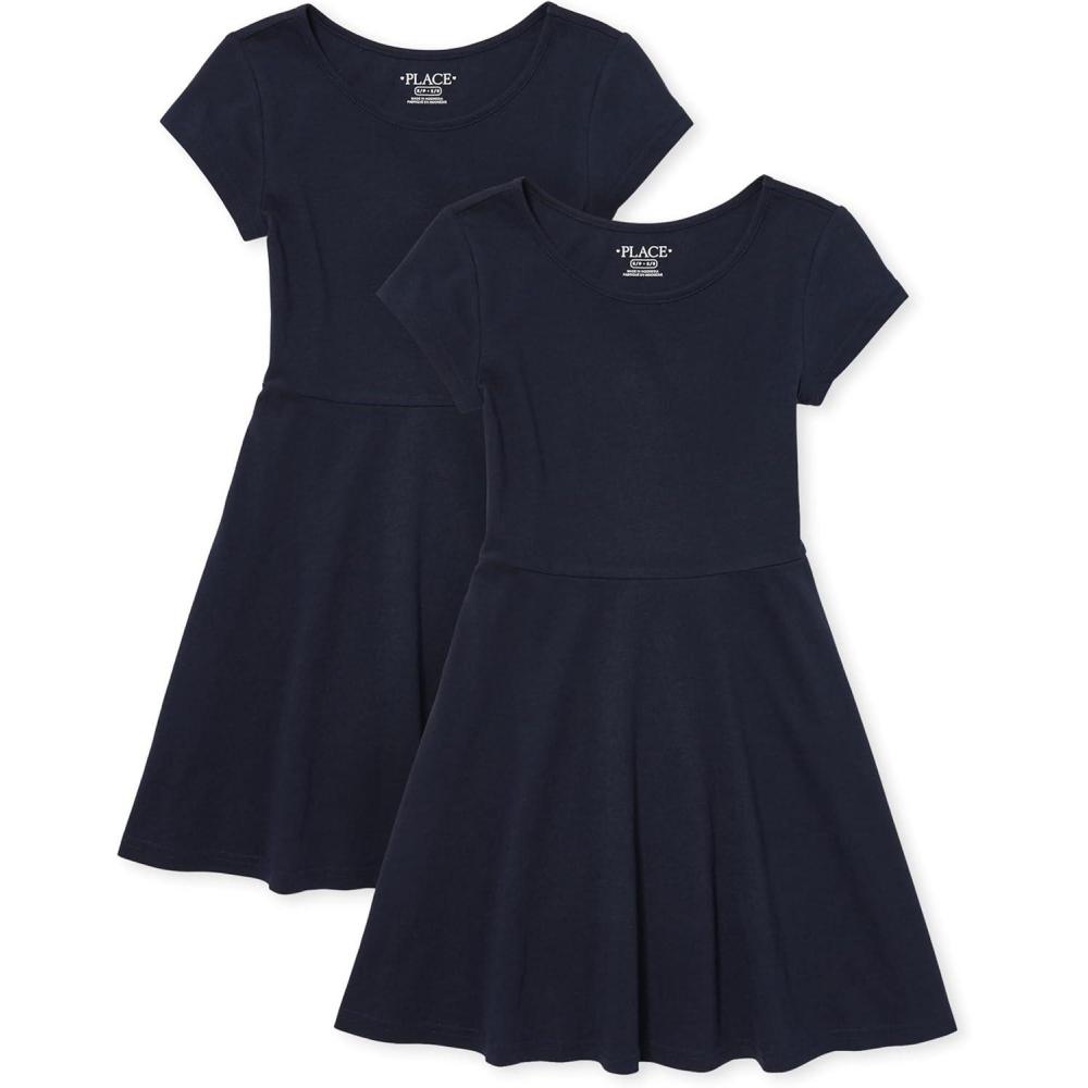 imageThe Childrens Place Girls Short Sleeve Basic Skater Dress 2 PackTidal 2pack