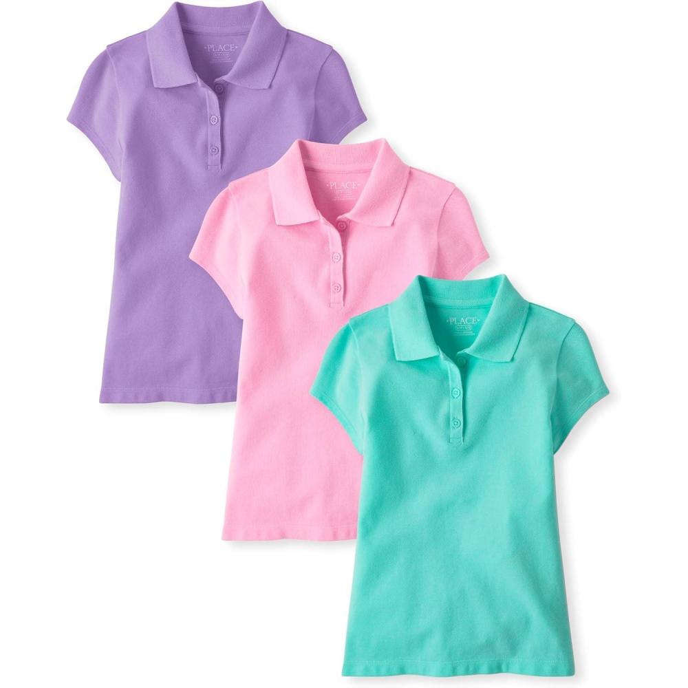 imageThe Childrens Place Multipack Short Sleeve Pique PoloSeafrostSparkle PinkPurple 3pack