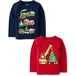 imageThe Childrens Place Baby and Toddler All HolidayBirthdays Long Sleeve Graphic TShirts2 PackSanta ConstructionHoliday Train