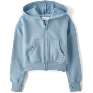 imageThe Childrens Place Girls Long Sleeve Active Hooded Fleece Full Zip UpBlue Aura