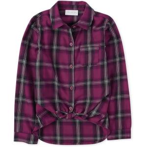 imageThe Childrens Place Girls Long Sleeve Plaid Twill Tie Front Button Down ShirtRose Parade Plaid