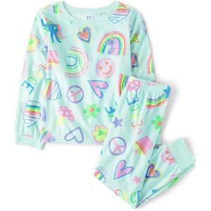 imageThe Childrens Place Girls Long Sleeve Top and Bottoms Cozy Fleece 2 Piece Pajama SetMint Doodle Print