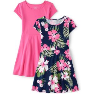 imageThe Childrens Place Girls One Size Short Sleeve Printed Skater DressPink Tropic 2pack