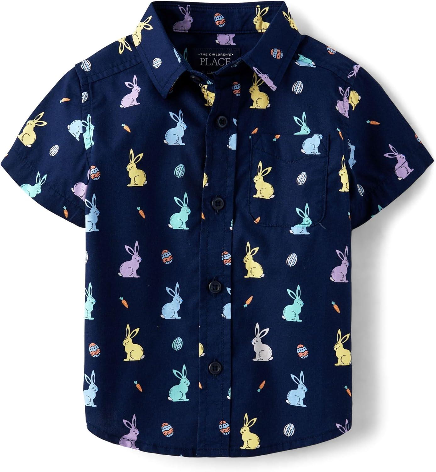 imageThe Childrens Place Baby Boys and Toddler Poplin Short Sleeve Button Down ShirtTidal Bunny