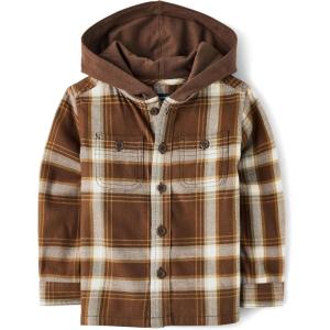 imageThe Childrens Place Baby Boys and Toddler Long Sleeve Hooded Flannel Button Up ShirtDark Earth