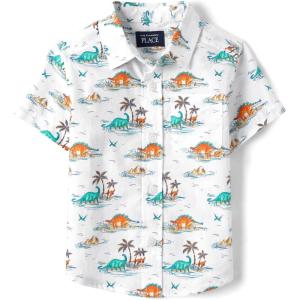 imageThe Childrens Place Baby Boys and Toddler Poplin Short Sleeve Button Down ShirtBlue Orange Dino Print