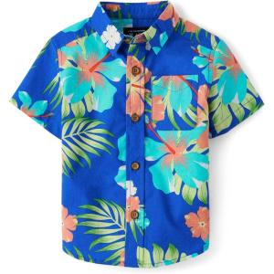 imageThe Childrens Place Baby Boys and Toddler Poplin Short Sleeve Button Down ShirtCool Cobalt Tropical