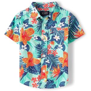 imageThe Childrens Place Baby Boys and Toddler Poplin Short Sleeve Button Down ShirtMellow Aqua Tropical