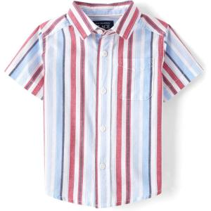 imageThe Childrens Place Baby Boys and Toddler Poplin Short Sleeve Button Down ShirtRed White and Blue Vertical Stripe