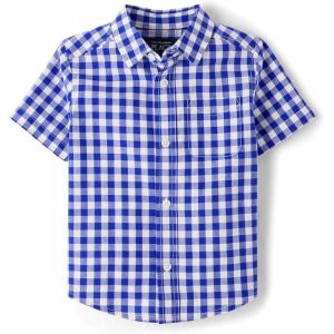 imageThe Childrens Place Baby Boys and Toddler Poplin Short Sleeve Button Down ShirtRenew Blue Plaid