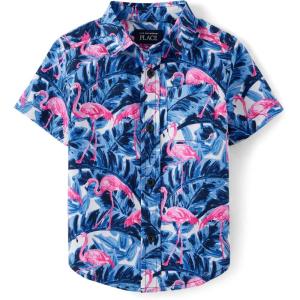 imageThe Childrens Place Baby Boys and Toddler Poplin Short Sleeve Button Down ShirtTidal Flamingo