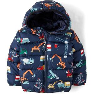 imageThe Childrens Place Baby Toddler Boys Medium Weight Wind WaterResistant Puffer JacketNavy Construction Trucks