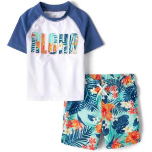 imageThe Childrens Place Boys and Toddler Short Sleeve Rashguard and BottomsAqua Aloha Set