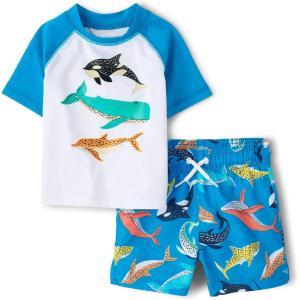 imageThe Childrens Place Boys and Toddler Short Sleeve Rashguard and BottomsCoastal Whale Set