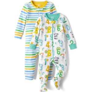 imageThe Childrens Place Boys and Toddler Short Sleeve 100 Cotton ZipFront One Piece PajamaNumbersStripes Footless 2pack