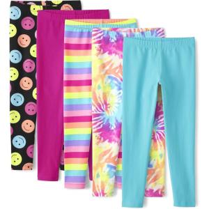 imageThe Childrens Place Girls Printed Leggings 2PackPinkStripesTie DyeBlue 5pack