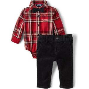 imageThe Childrens Place babyboys And Newborn Button Down Shirt and Pants 2 Piece OutfitRedochre