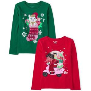 imageThe Childrens Place Kids All HolidaysBirthdays Long Sleeve Graphic TShirts2 PackCat StockingGirl Presents