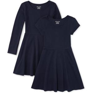 imageThe Childrens Place girls Long ampamp Short Sleeve Basic Skater Dress 2 PackTidal 2pack
