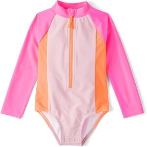 imageThe Childrens Place Girls and Toddler Long Sleeve Half Zip One Piece Rashgaurd SwimsuitNeon Peony