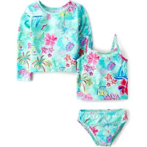 imageThe Childrens Place Girls and Toddler Long Sleeve Rashguard and Tankini Swimsuit 3 Piece SetCosmos