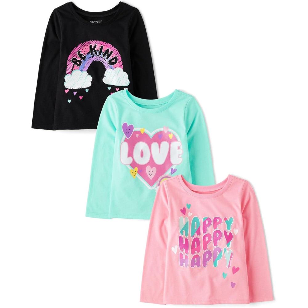 imageThe Childrens Place Baby Girls and Toddler UnicornsButterfliesTrends Long Sleeve Graphic TShirts3 PackBe KindLoveHappy