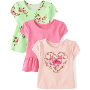 imageThe Childrens Place BabyGirls and Toddler Short Sleeve Everyday Casual Knit ShirtGreen Glow 3pack