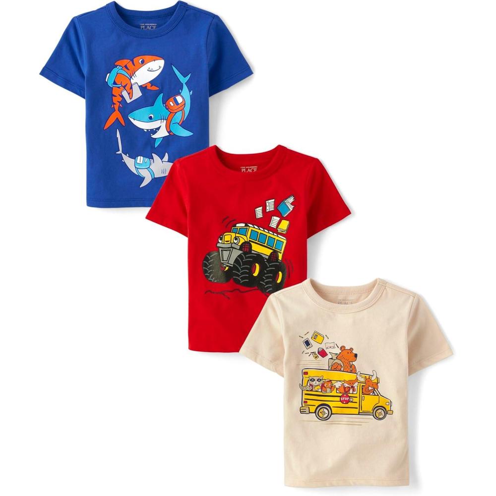 imageThe Childrens Place BabyBoys and Toddler DinoAnimalsSharks Short Sleeve Graphic TShirts3 PackSharksMonster BusBear School Bus