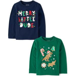 imageThe Childrens Place Baby and Toddler All HolidaysBirthdays Long Sleeve Graphic TShirts2 PackDino GingerbreadMerry Dude