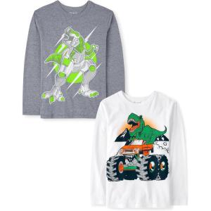 imageThe Childrens Place Boys GamerCarsSports Long Sleeve Graphic TShirts2 PackRobot DinoDino Monster Truck