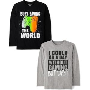 imageThe Childrens Place Boys GamerCarsSports Long Sleeve Graphic TShirts2 PackSave WorldWithout Gaming