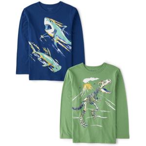 imageThe Childrens Place Boys GamerCarsSports Long Sleeve Graphic TShirts2 PackSharksDino Skeleton 2pack